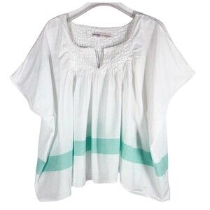 Ottod’ame Women's Top Size 8 White Cotton Oversized Smocked Teal Stripe